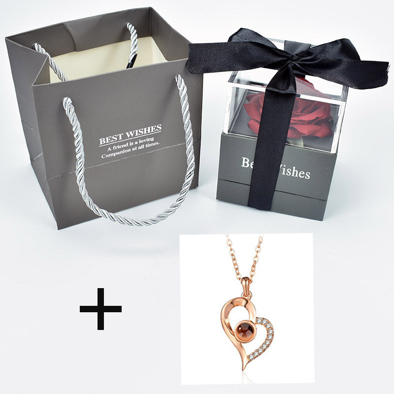 Preserved Rose with Necklace Eternal Rose Gift Box Romantic Jewelry Set