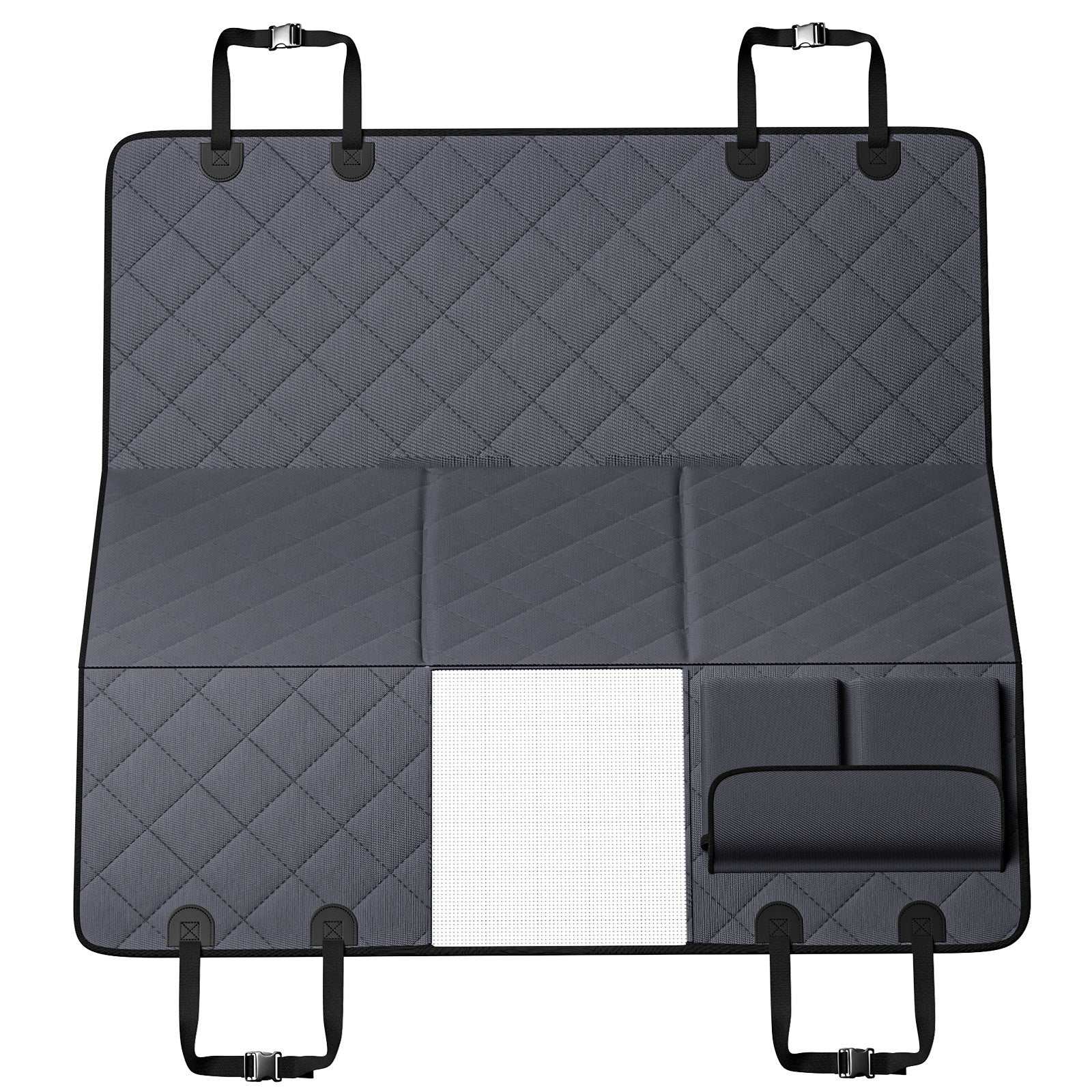 Waterproof quilted back seat extender for dogs with storage pocket and mesh window for car and SUV use