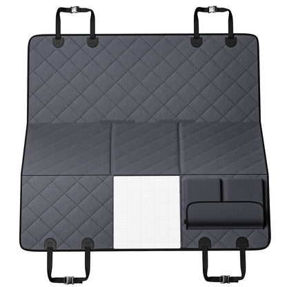 Waterproof quilted back seat extender for dogs with storage pocket and mesh window for car and SUV use