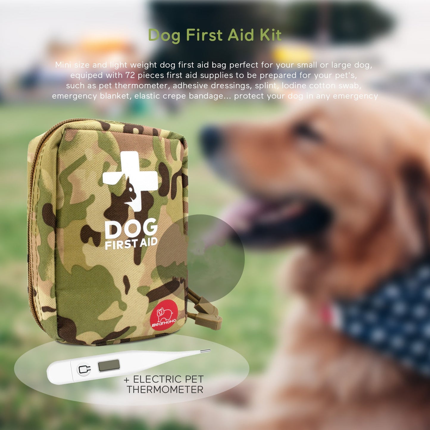 Desert camouflage dog first aid kit with 72 emergency medical supplies and electric pet thermometer for outdoor use