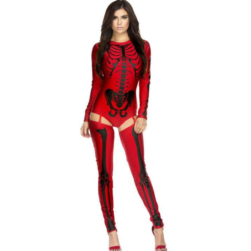 Woman wearing red Halloween cosplay costume with black skeleton print, featuring long sleeves and matching thigh-high stockings.