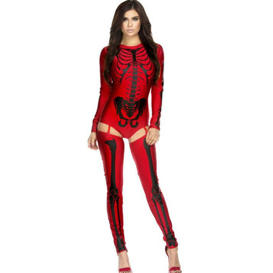 Woman wearing red Halloween cosplay costume with black skeleton print, featuring long sleeves and matching thigh-high stockings.