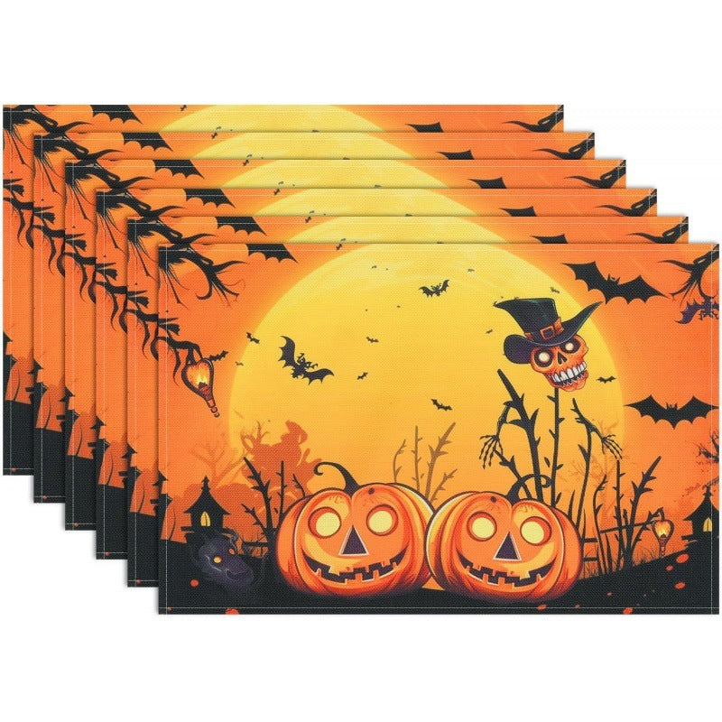 Halloween Skull & Pumpkin Linen Placemat – Gray
