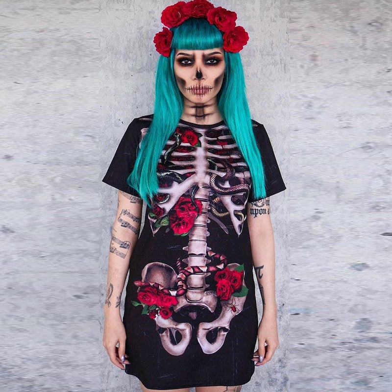 Halloween Skull Print Dress – Women’s Costume Outfit