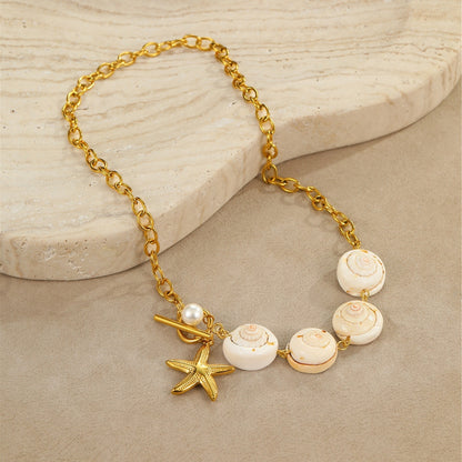 Ocean Style Natural Shell Starfish Necklace Women's Stainless Steel Gold Plated