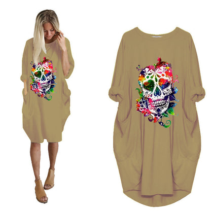 Halloween Skull Plus Size Long Sleeve Dress