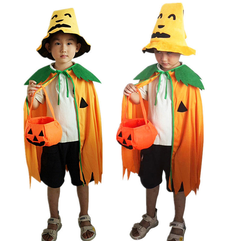 Halloween Pumpkin Cloak Costume with Hat & Bag