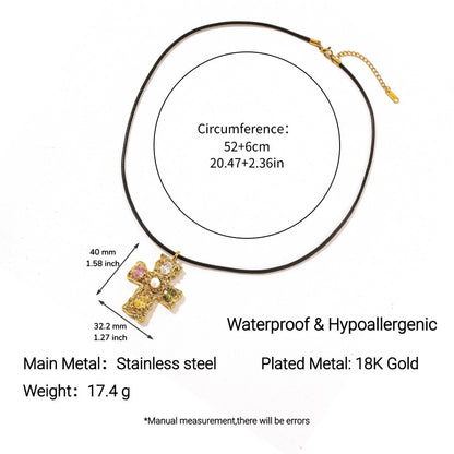 Stainless Steel Necklace Titanium Steel Cross Colorful Crystals Adjustable Female