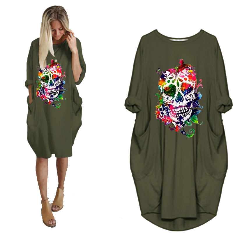 Halloween Skull Plus Size Long Sleeve Dress