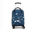 Portable women travel trolley bag with wheels, blue patterned design.