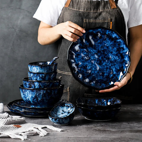 Ceramic Dinner Plates and Bowls, Blue Dishes, Creative Japanese Retro Kiln Changed Tableware Set, Dinnerware