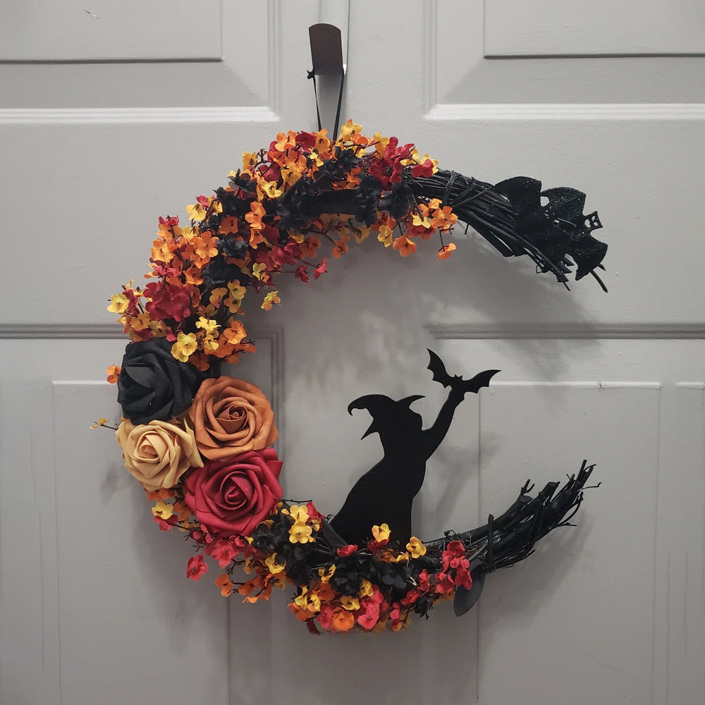 Halloween Witch Cat Moon Bat Wreath – Spooky Garland