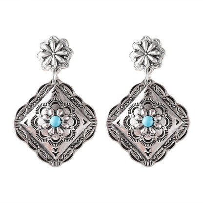 Ethnic Geometric Diamond Flower Pendant Earrings