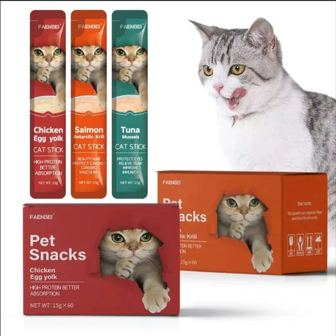 Chinese factory wholesale pet food cat snacks with chicken, salmon, and tuna flavors.