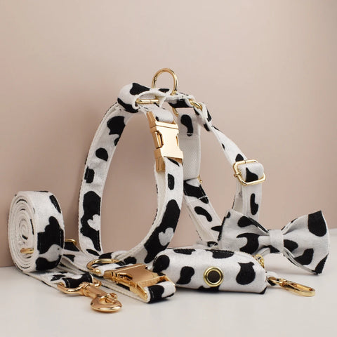 New Arrival Customized Designer Logo Gray lattice  on  Soft Cotton Dog Collar Leashes Harness Poo Bag Holder Bow  Set Animal 06