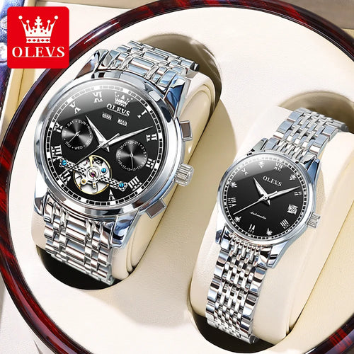 OLEVS Couple Watches Tourbillon Mechanical Watches His and Hers Wristwatches Stainless Steel Strap Lover's Watches Set Gift