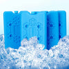 Freezer ice cooling packs on ice, long-lasting, reusable, blue color.