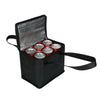 Black portable lunch cooler bag with aluminum foil insulation, open lid revealing soda cans inside.