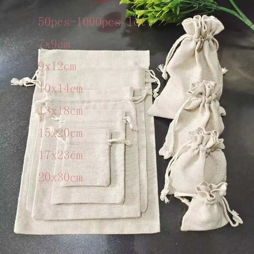 50pcs/lot 7x9 9x12 10x14cm Burlap Gift Bags Jute Drawstring Bags Cotton Linen Jewelry Bags Wedding Display Packaging Gift Pouche