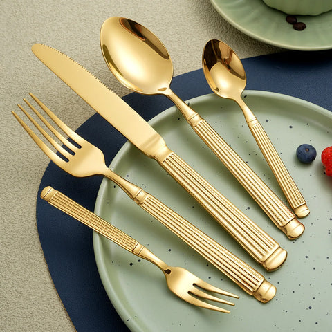 Gold Cutlery Roman Column Style 18/10 stainless steel 304 Classical Flatware Dinnerware Set Silver Service For 1 Drop Shipping