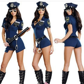 Back, side and front angled view of a Woman in a tight police costume with accessories for halloween party on a white background