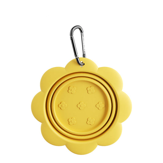 Yellow dog collapsible bowl with carabiner clip, foldable silicone pet travel dish