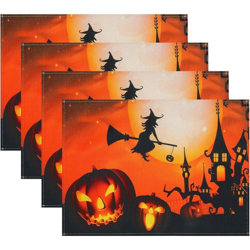 Halloween Skull & Pumpkin Linen Placemat – Gray