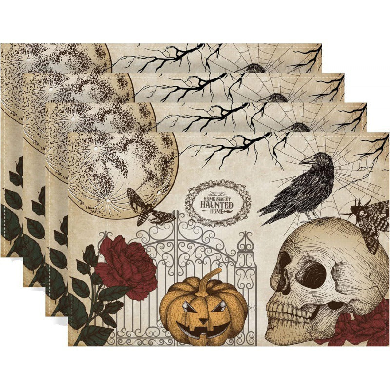Halloween Skull & Pumpkin Linen Placemat – Gray