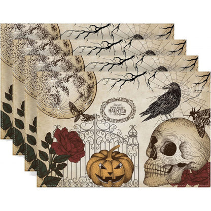 Halloween Skull & Pumpkin Linen Placemat – Gray