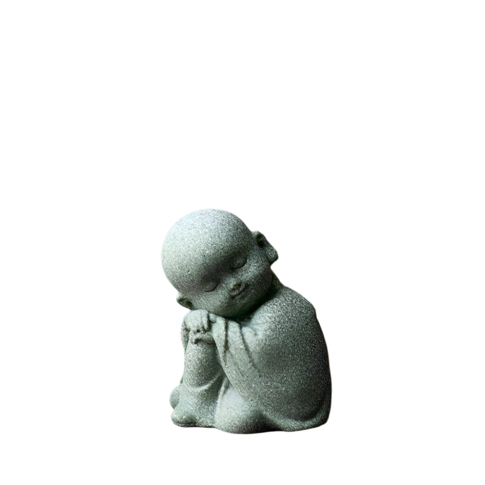 Creative Samanera resin bonsai decoration in meditation pose, 4cm x 6cm, Chinese style.