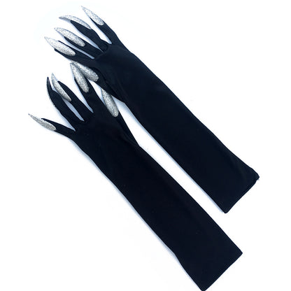 Halloween Long Nail Ghost Gloves – Silver & Black