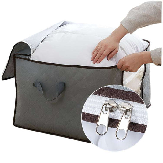 Thickened non-woven luggage packing bag with zipper, ideal for quilt and clothing storage in a bedroom setting.