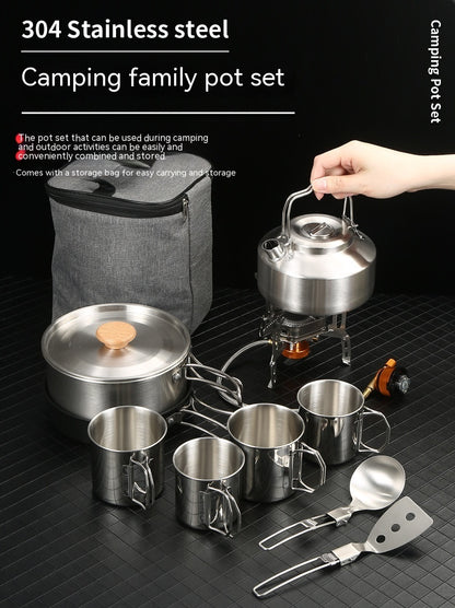 Portable Stainless Steel Outdoor Cookware Set with Windproof Stove