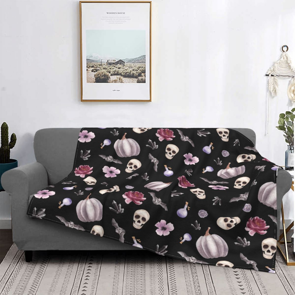 Halloween Bat Pattern Wool Blanket – Cozy Gothic Throw