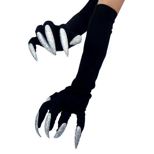 Halloween Long Nail Ghost Gloves – Silver & Black