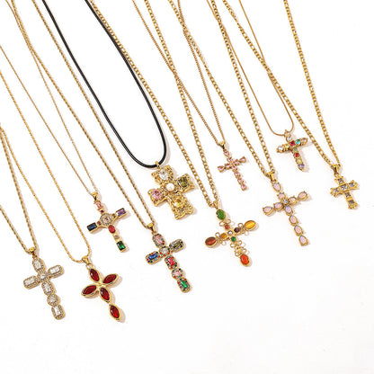 Stainless Steel Necklace Titanium Steel Cross Colorful Crystals Adjustable Female