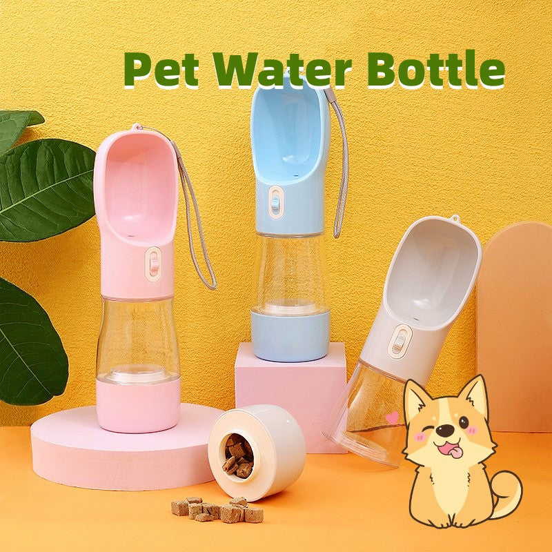 Portable pet dog water bottle feeder bowl in pink, blue, and grey for outdoor travel and drinking.