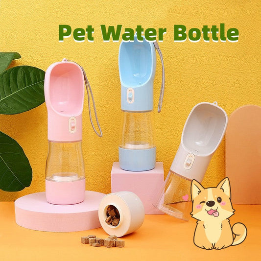 Portable pet dog water bottle feeder bowl in pink, blue, and grey for outdoor travel and drinking.