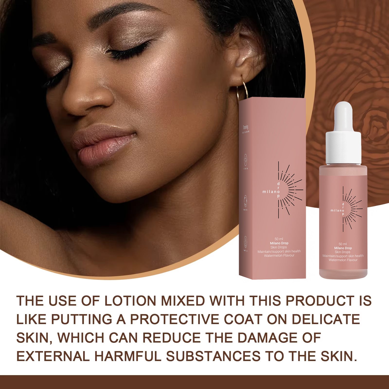 Face and body tanning serum with anti-aging benefits, 60ml bottle.
