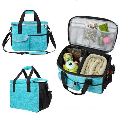 Blue pet travel lunch bag with multiple pockets, foldable design, and storage for snacks, toys, and essentials.
