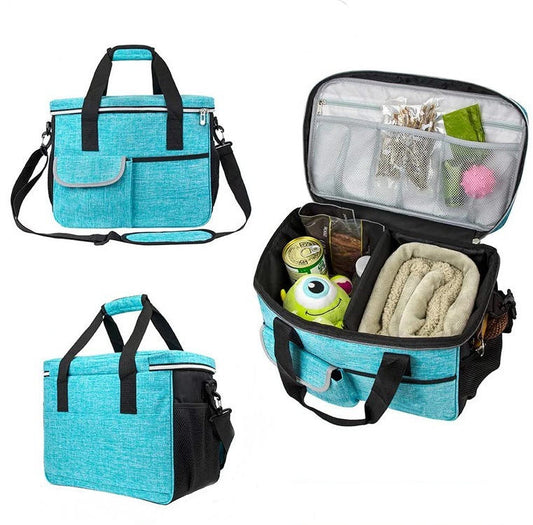 Blue pet travel lunch bag with multiple pockets, foldable design, and storage for snacks, toys, and essentials.