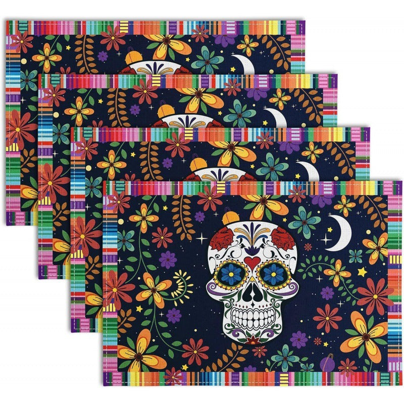 Halloween Skull & Pumpkin Linen Placemat – Gray