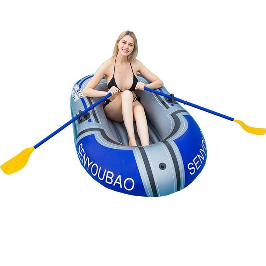 PVC inflatable double kayak with yellow oars, suitable for two passengers, ideal for fishing and recreational use.