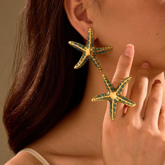 Ocean Starfish Earrings & Ring Set for Women