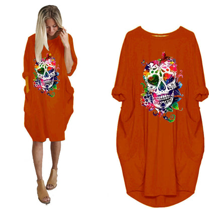Halloween Skull Plus Size Long Sleeve Dress