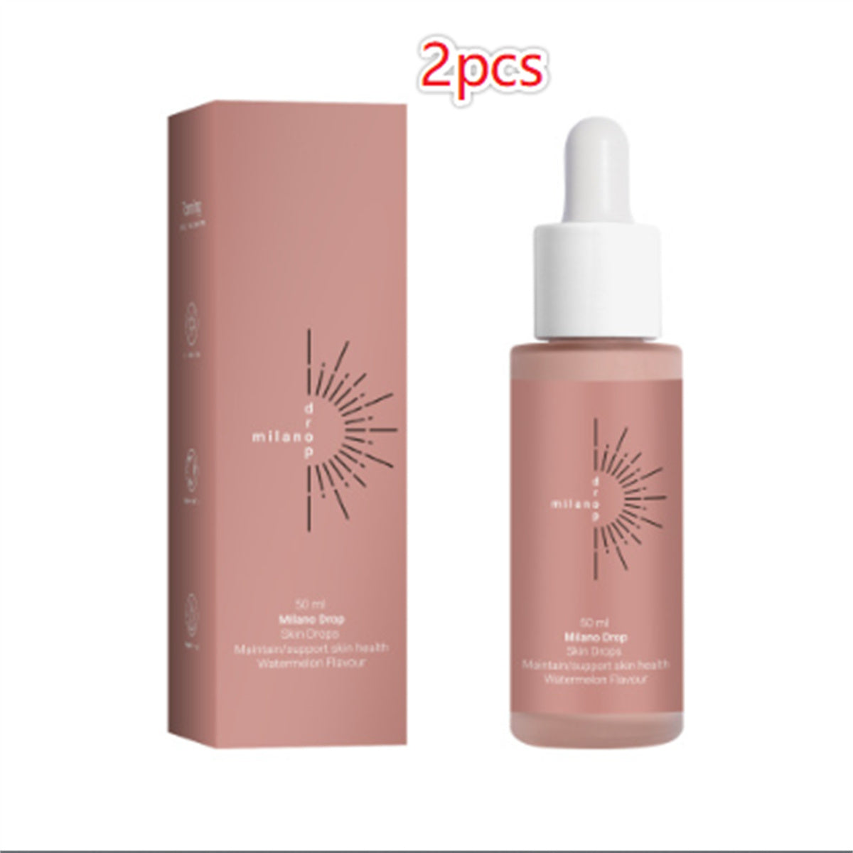 Tanning face and body serum drops, 60ml, with dark bronzer in pink packaging.