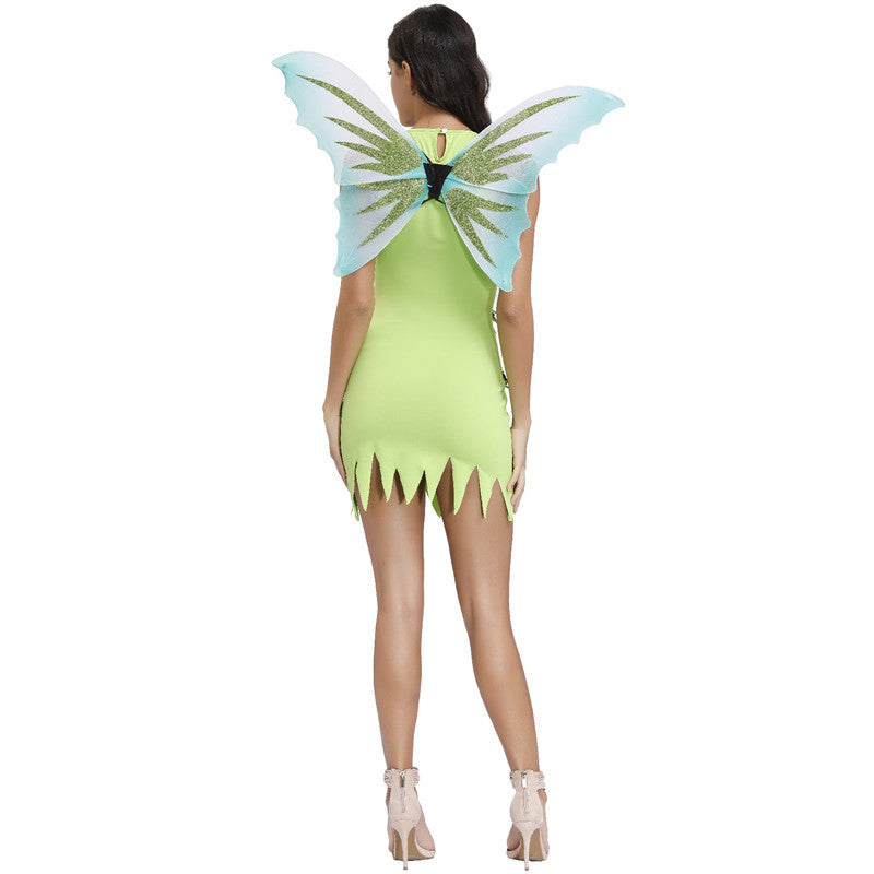 back-angle view of a green butterfly costume for women on a white background, perfect for Halloween
