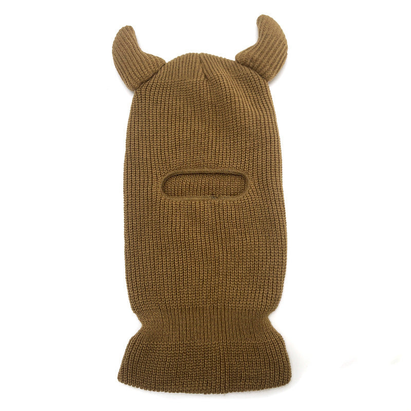 Brown knit balaclava with animal ears on a white background