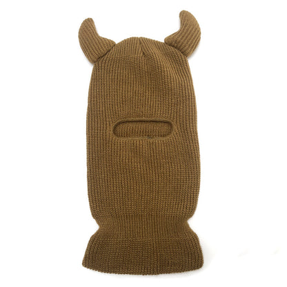 Brown knit balaclava with animal ears on a white background