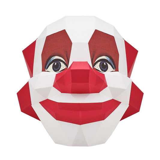 Front angled view of a red and white clown mask on a white background